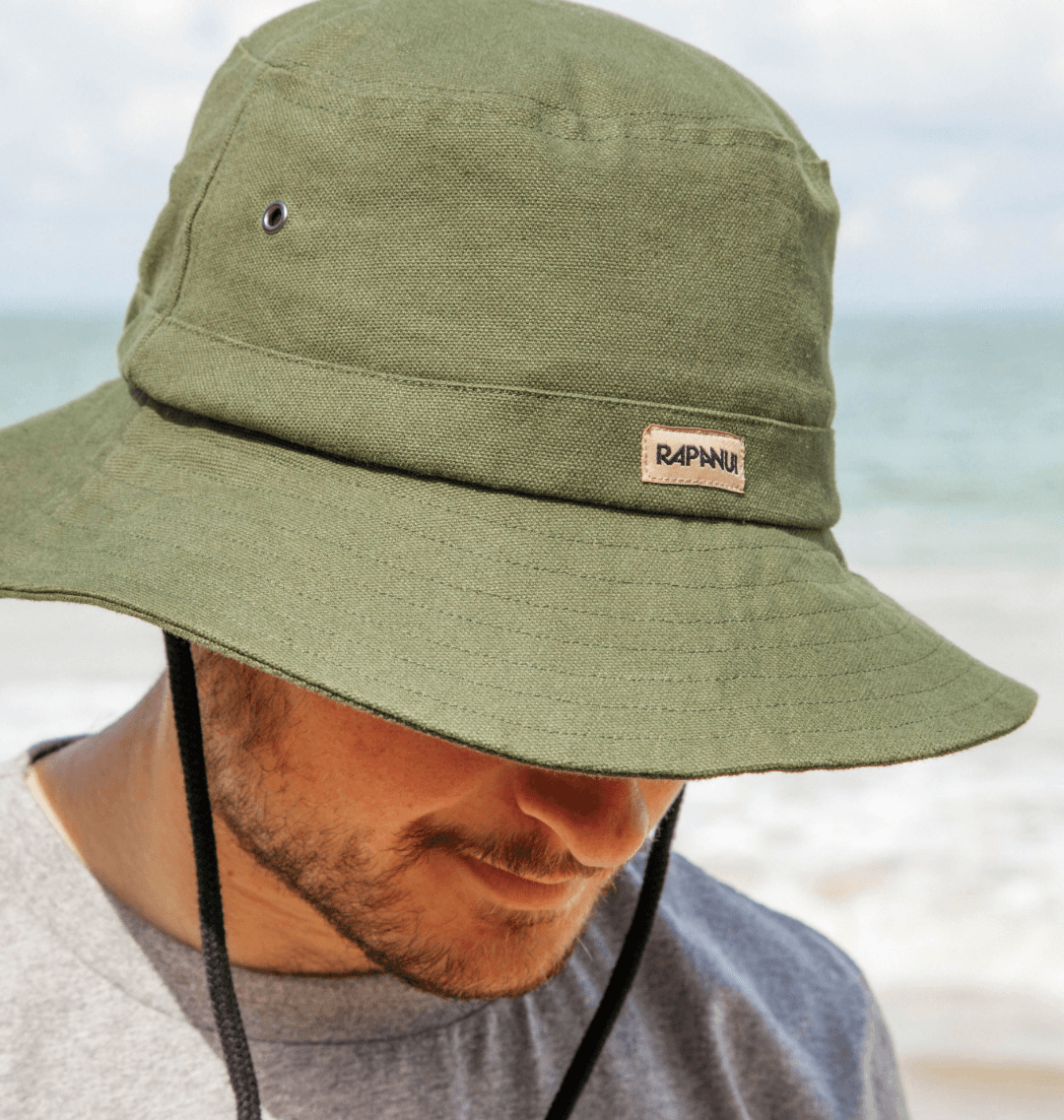 Close up of the Rapanui organic cotton men's boonie hat in khaki