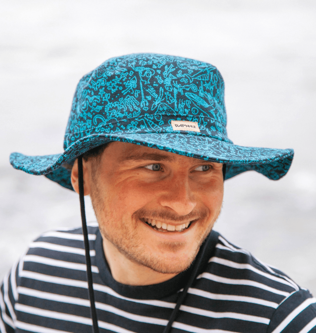 Close up of the Rapanui organic cotton men's boonie hat featuring the marine print
