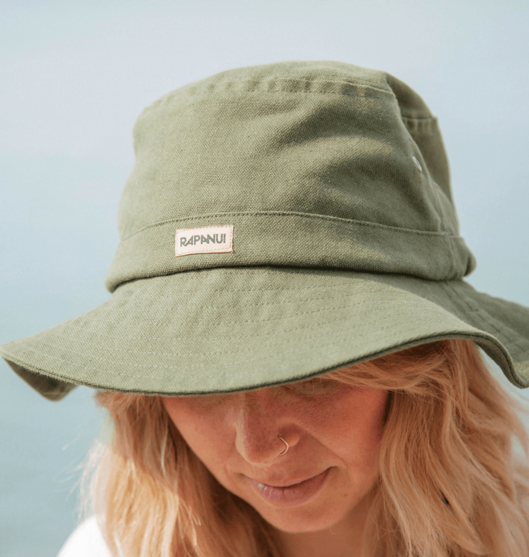 Close up of the Rapanui logo on the women's boonie hat in khaki