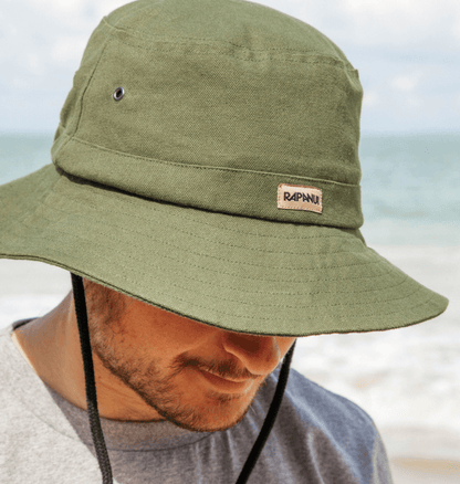 Close up of the Rapanui organic cotton men's boonie hat in khaki