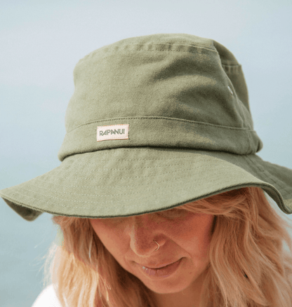 Close up of the Rapanui logo on the women's boonie hat in khaki
